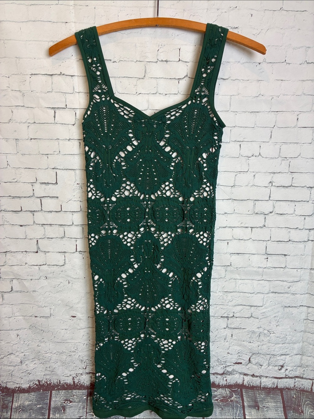 Free People Medallion Lace Crochet Bodycon Dress Green Overlay White Sz M/L